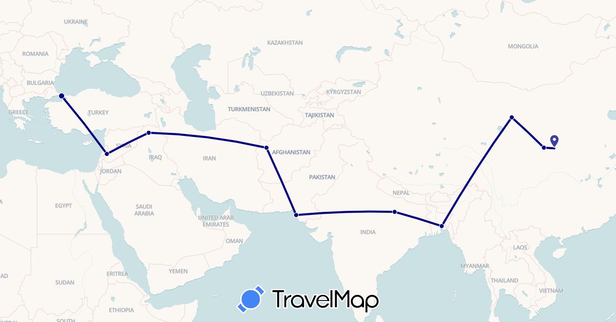 TravelMap itinerary: driving in Afghanistan, Bangladesh, China, India, Iraq, Pakistan, Syria, Turkey (Asia)